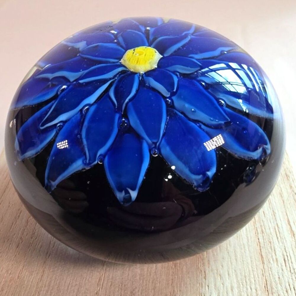 Art Deco Glass Paperweight 3"x2" Blue & Yellow Giant Coneflower w/ Blue Base